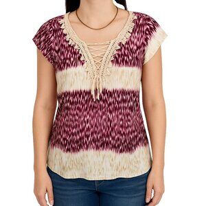 OneWorld Womens M Purple Ivory Ikat Print Crochet Lace Boho Top Short Sleeve